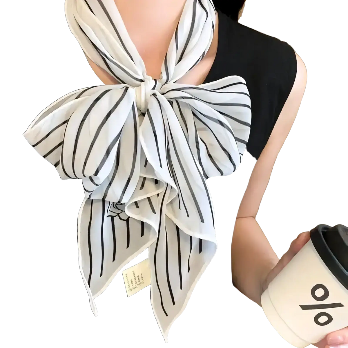 White silk neck scarf with black vertical stripes tied in a bow for women vintage hair wrap accessory