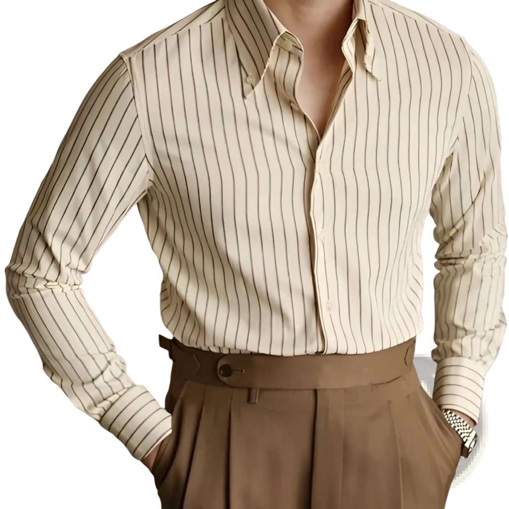 Striped slim fit long sleeve button down shirt in cream with thin black vertical stripes for formal or casual wear