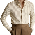 Striped slim fit long sleeve button down shirt in cream with thin black vertical stripes for formal or casual wear