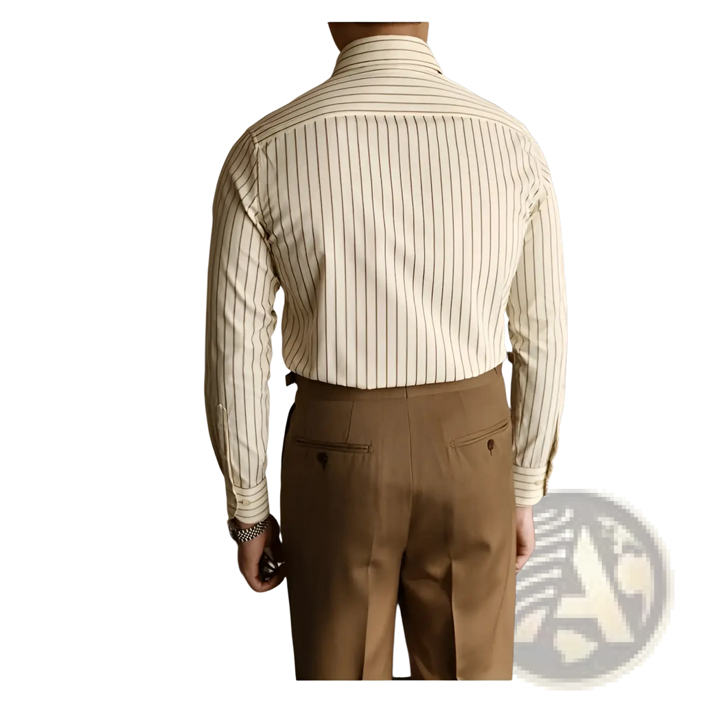 A cream-colored slim fit long sleeve button down shirt with fine black vertical stripes for formal wear