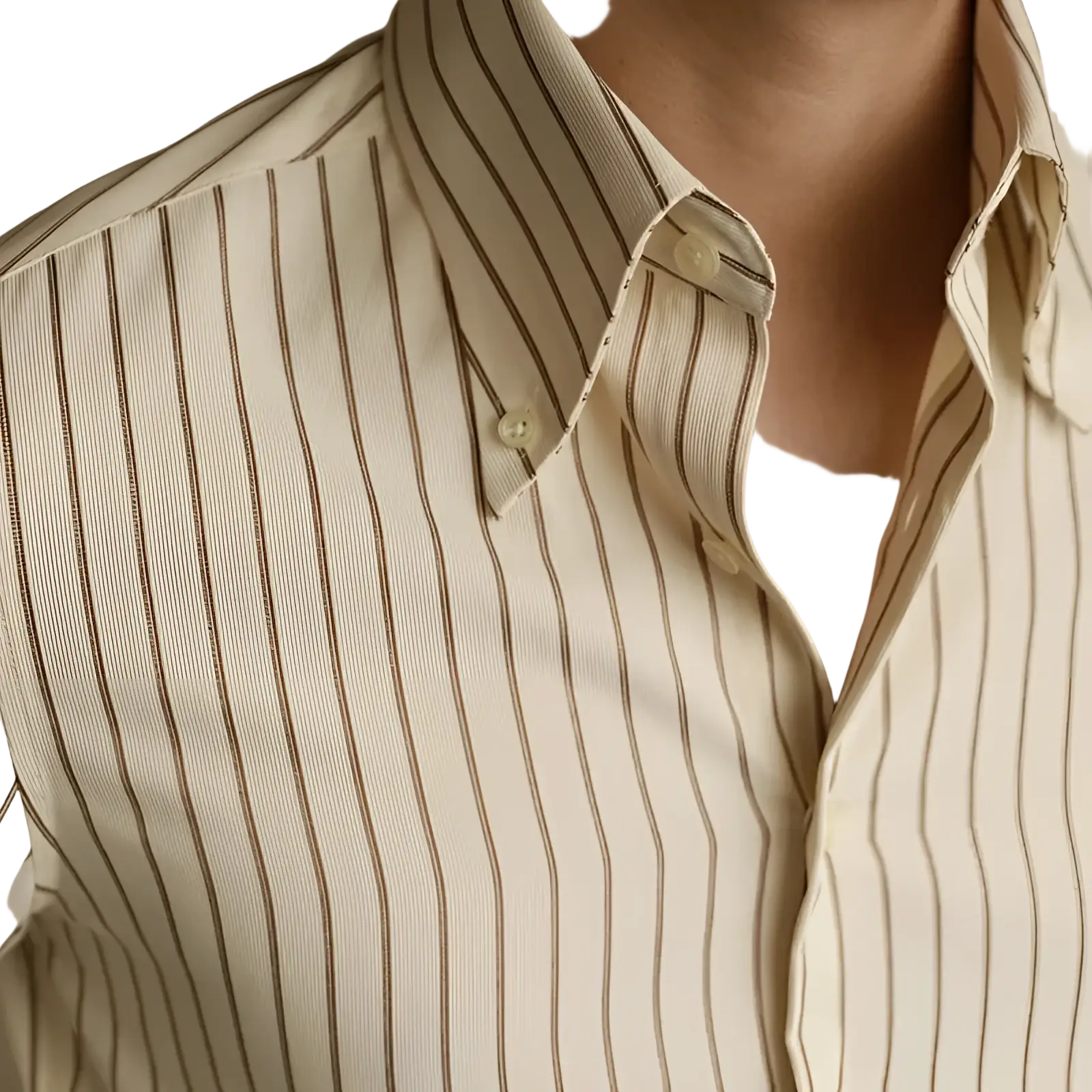 A cream-colored striped slim fit long sleeve button down shirt with thin dark brown vertical stripes and a crisp collar