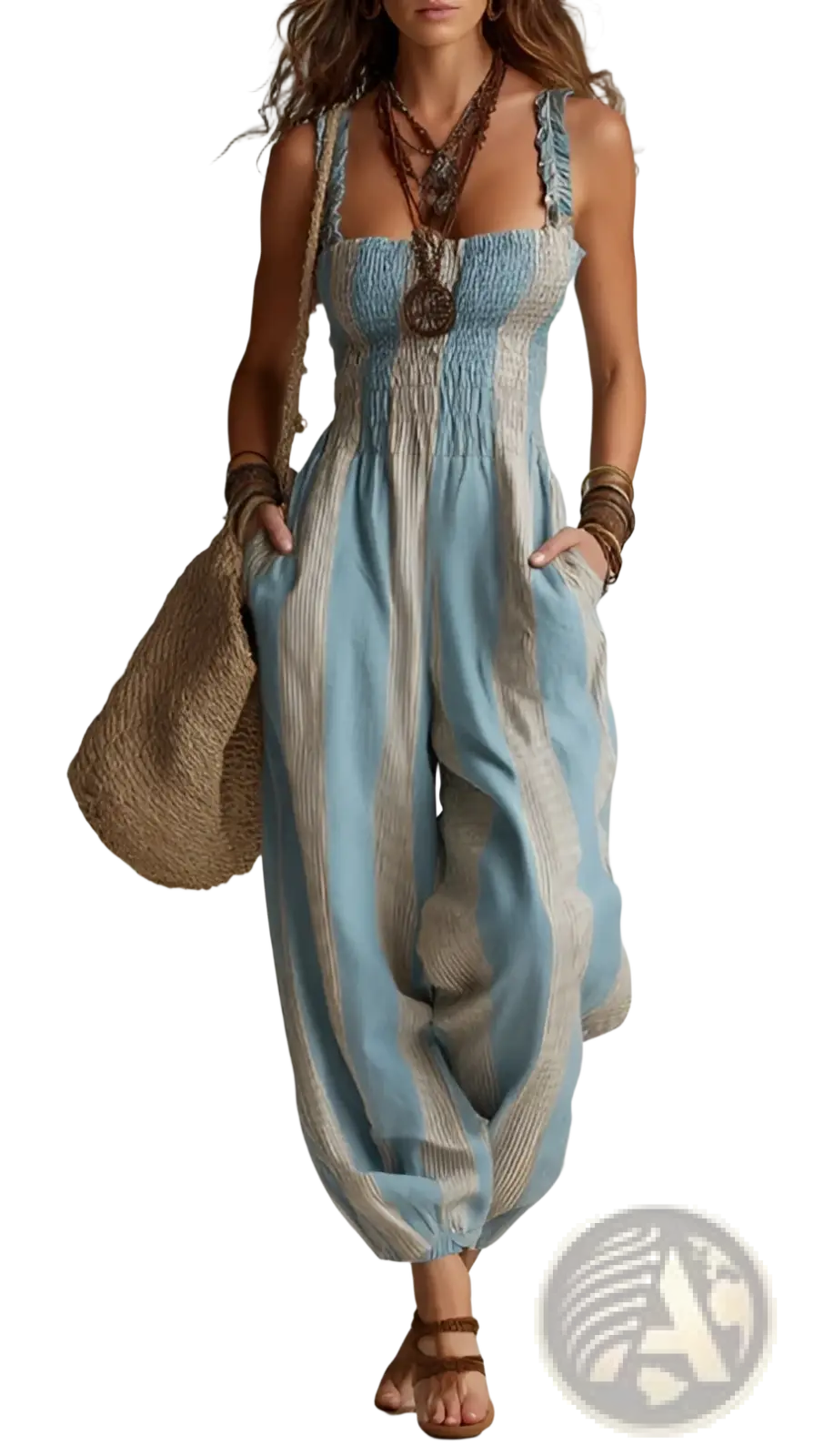Striped square neck harem jumpsuit featuring light blue and beige stripes with a flowing design and gathered waist