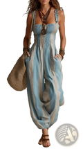 Striped square neck harem jumpsuit featuring light blue and beige stripes with a flowing design and gathered waist