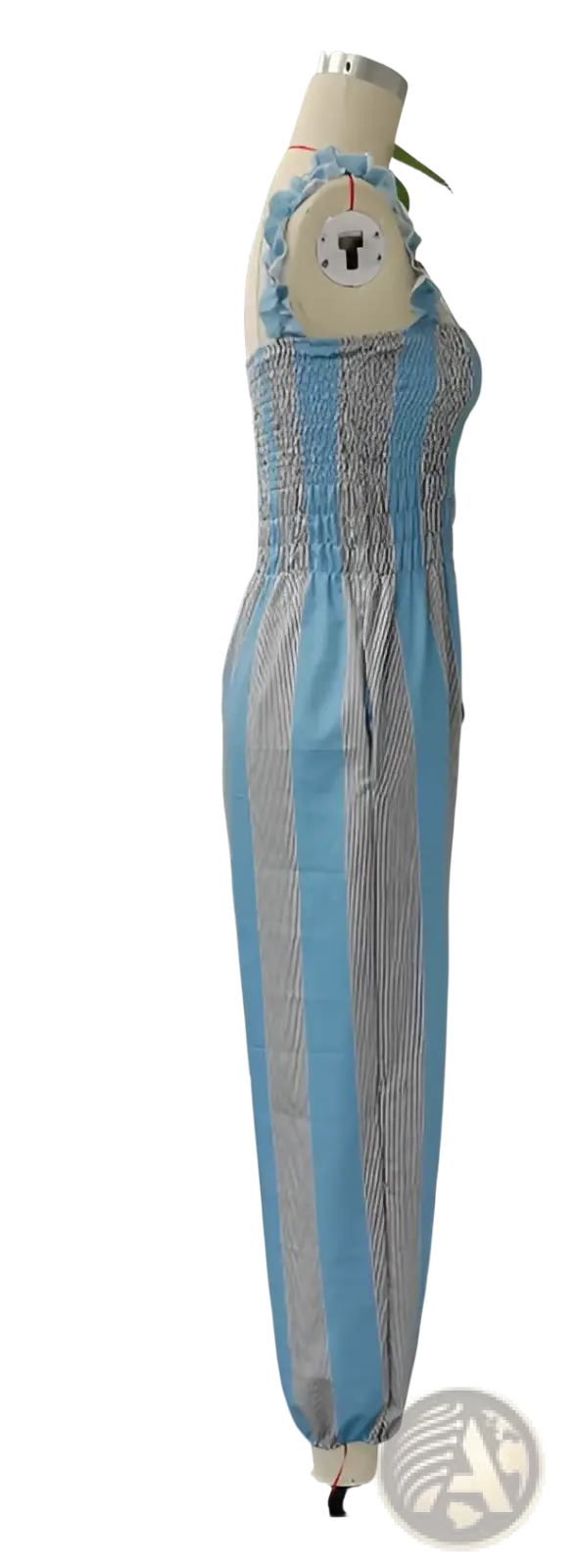 Light blue and gray striped smocked jumpsuit with ruffled neckline displayed on mannequin for stylish casual wear