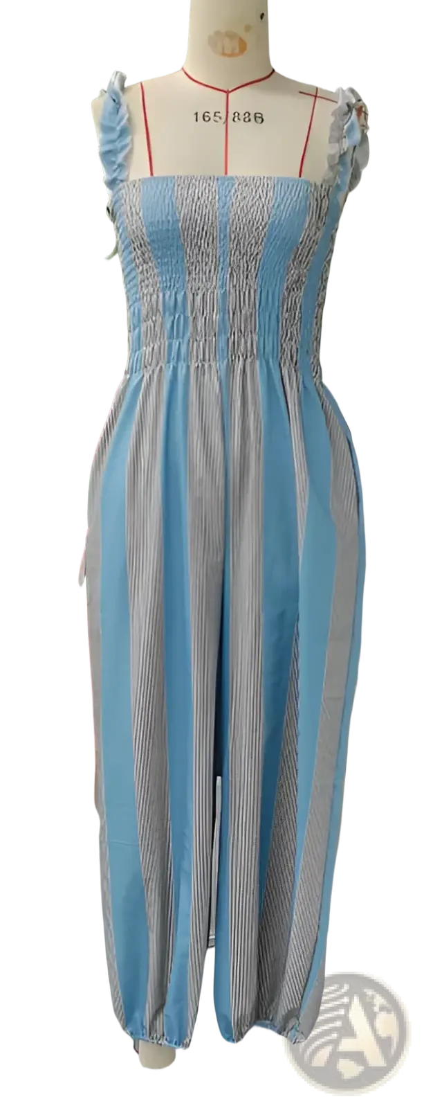 A light blue and gray striped square neck harem jumpsuit with ruffled shoulder straps on a mannequin