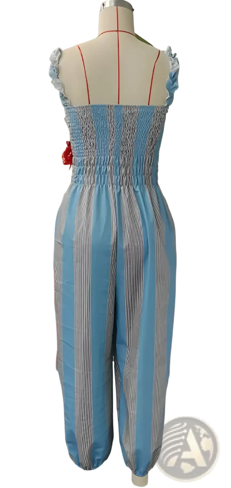 A light blue and gray striped square neck harem jumpsuit with ruffled shoulder straps displayed on a mannequin