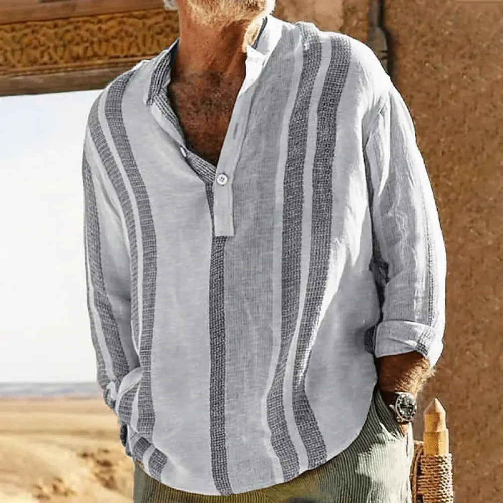 Men’s light gray and dark gray vertically striped slub linen stand collar casual shirt with long sleeves and buttons