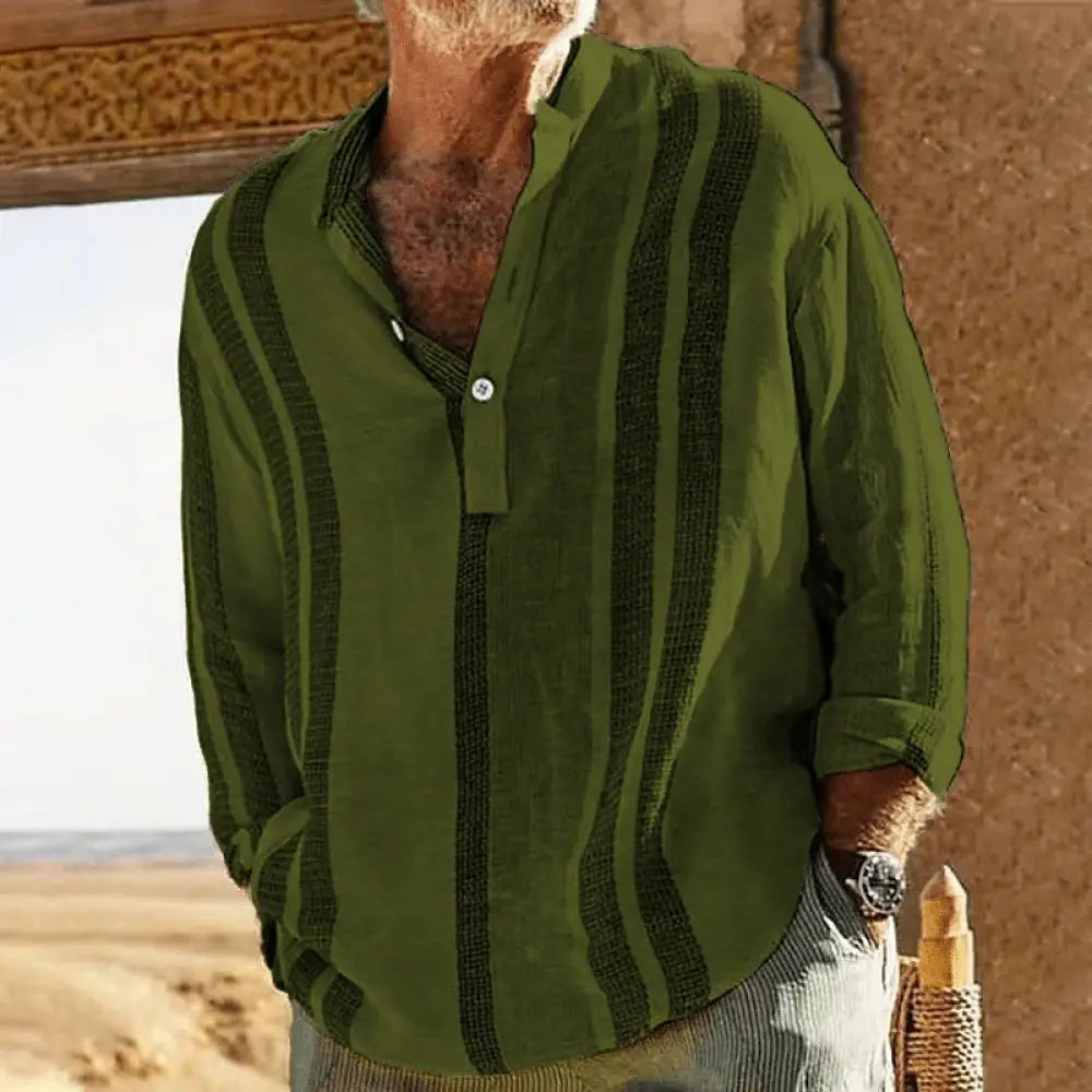 Men’s olive green long-sleeved striped slub linen casual button-up shirt with dark vertical textured stripes