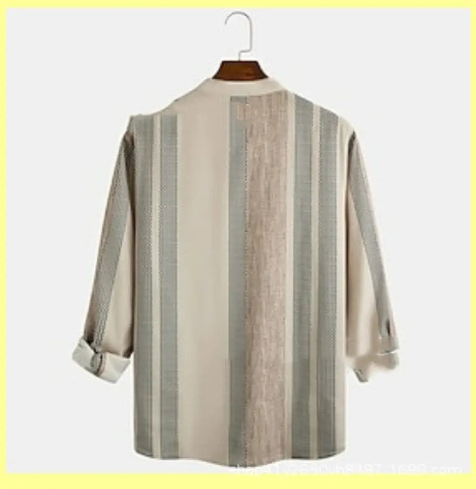 Men’s striped slub linen casual shirt with beige and gray vertical stripes and rolled cuffs on wooden hanger