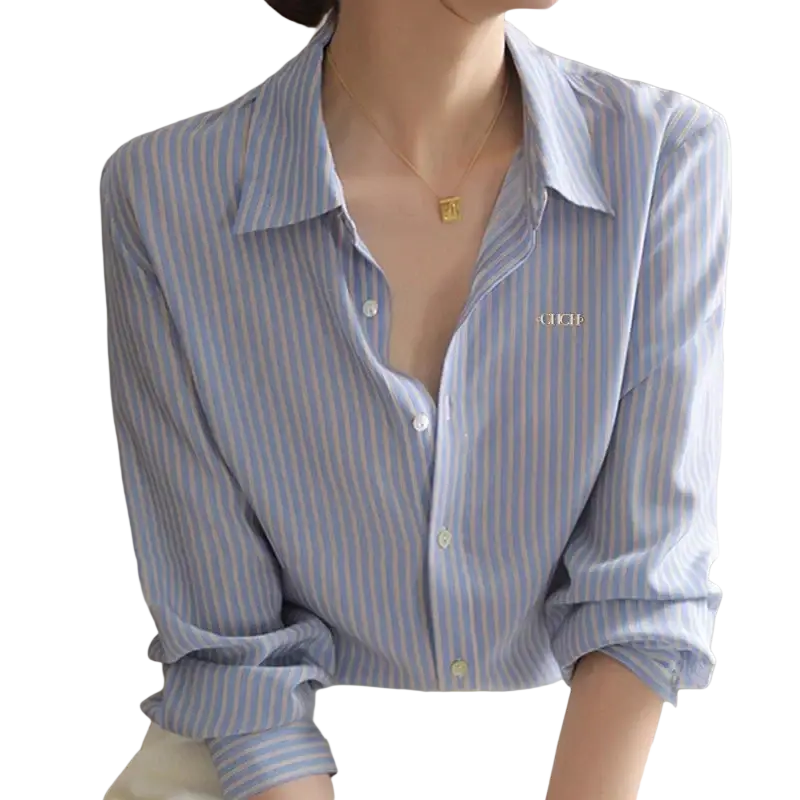 Light blue and white striped long-sleeved synthetic fiber women shirt with button-up front and embroidered logo