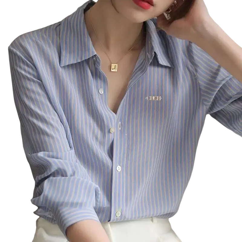 Light blue and white striped synthetic fiber women shirt with long sleeves and embroidered logo on left chest