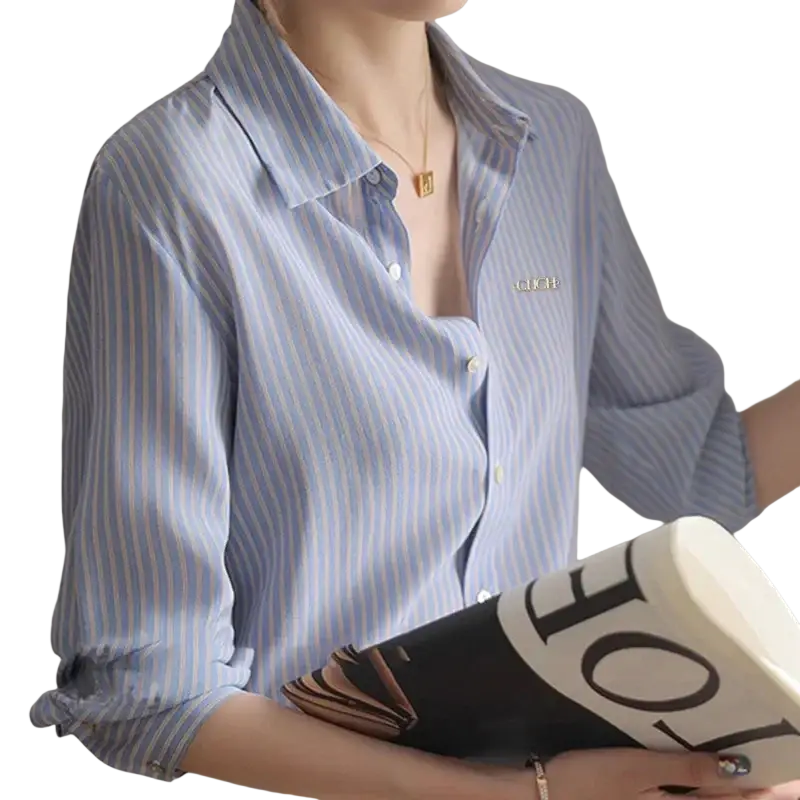 Light blue and white striped synthetic fiber women shirt with collar and subtle stitching details