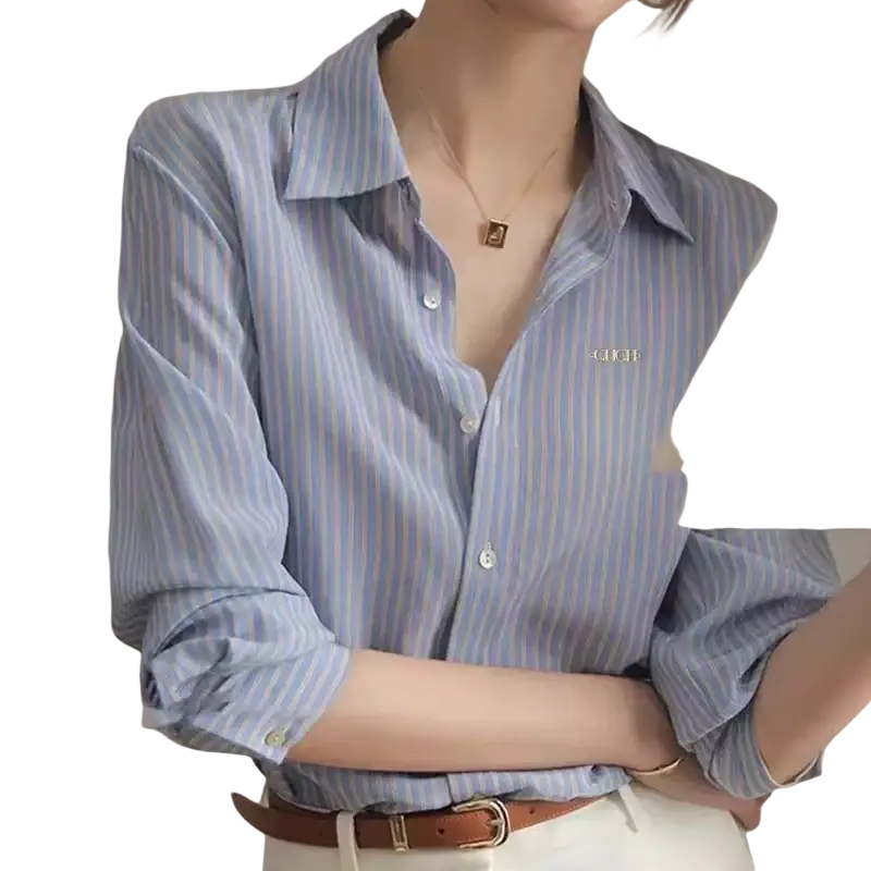 A light blue and white vertically striped synthetic fiber women shirt with a subtle embroidered logo on the left chest