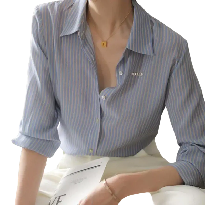 Light blue and white vertically striped synthetic fiber women shirt with button-down front and rolled-up sleeves