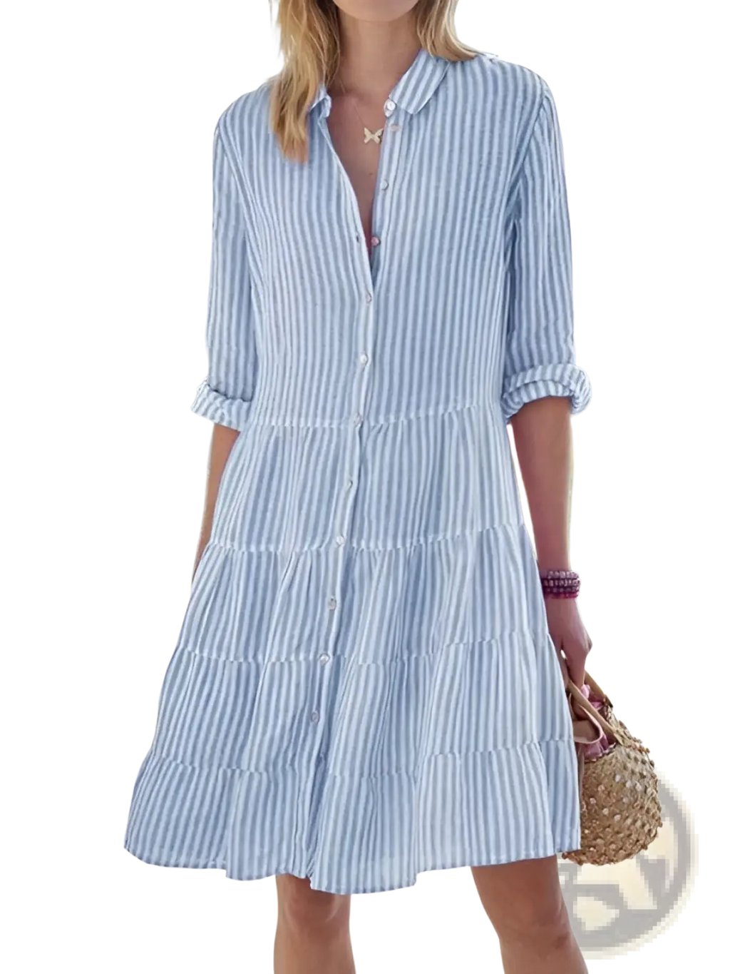 Striped tiered ruffle shirt dress in light blue and white with lapel collar and rolled-up three-quarter sleeves