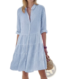 Striped tiered ruffle shirt dress in light blue and white with lapel collar and rolled-up three-quarter sleeves