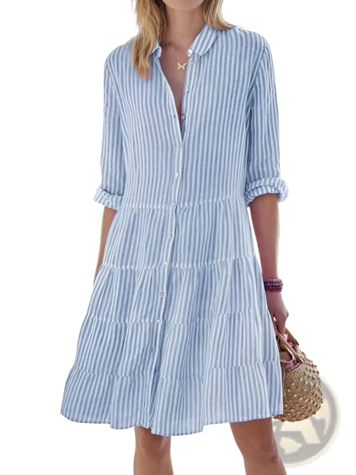 Striped tiered ruffle shirt dress in light blue and white with lapel collar and rolled-up three-quarter sleeves