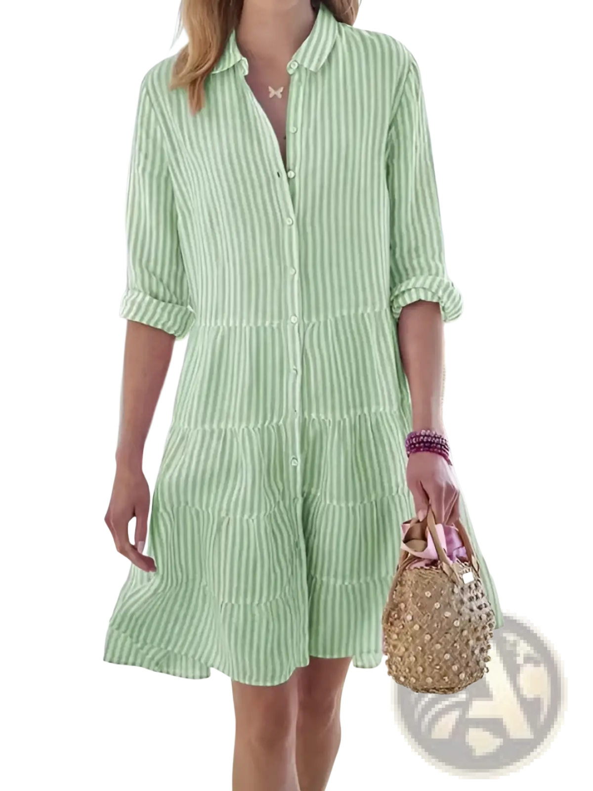 Striped tiered ruffle shirt dress with lapel collar in light green and white vertical stripes with rolled-up sleeves