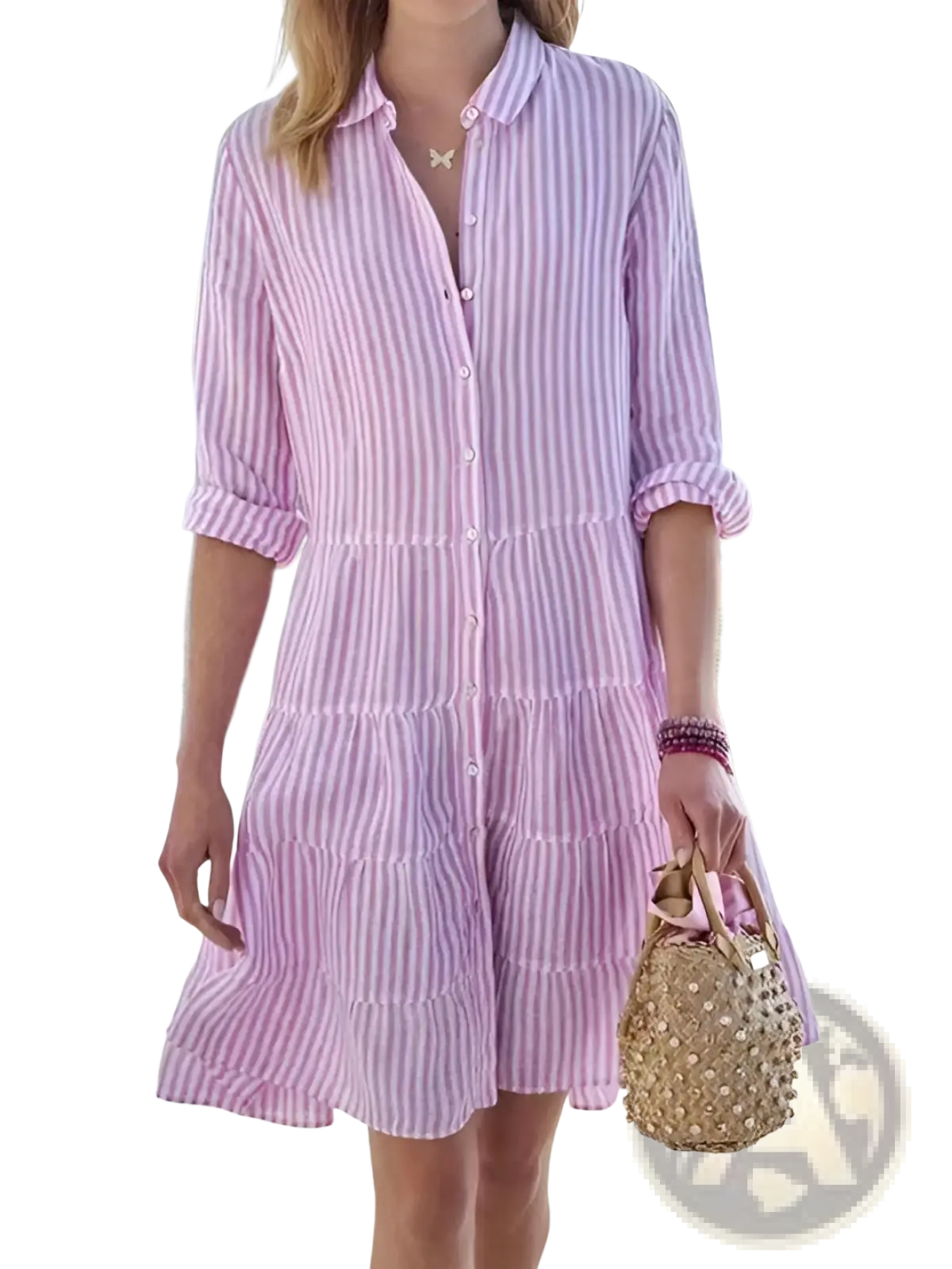 Striped tiered ruffle shirt dress in pink and white linen with vertical stripes and rolled-up sleeves