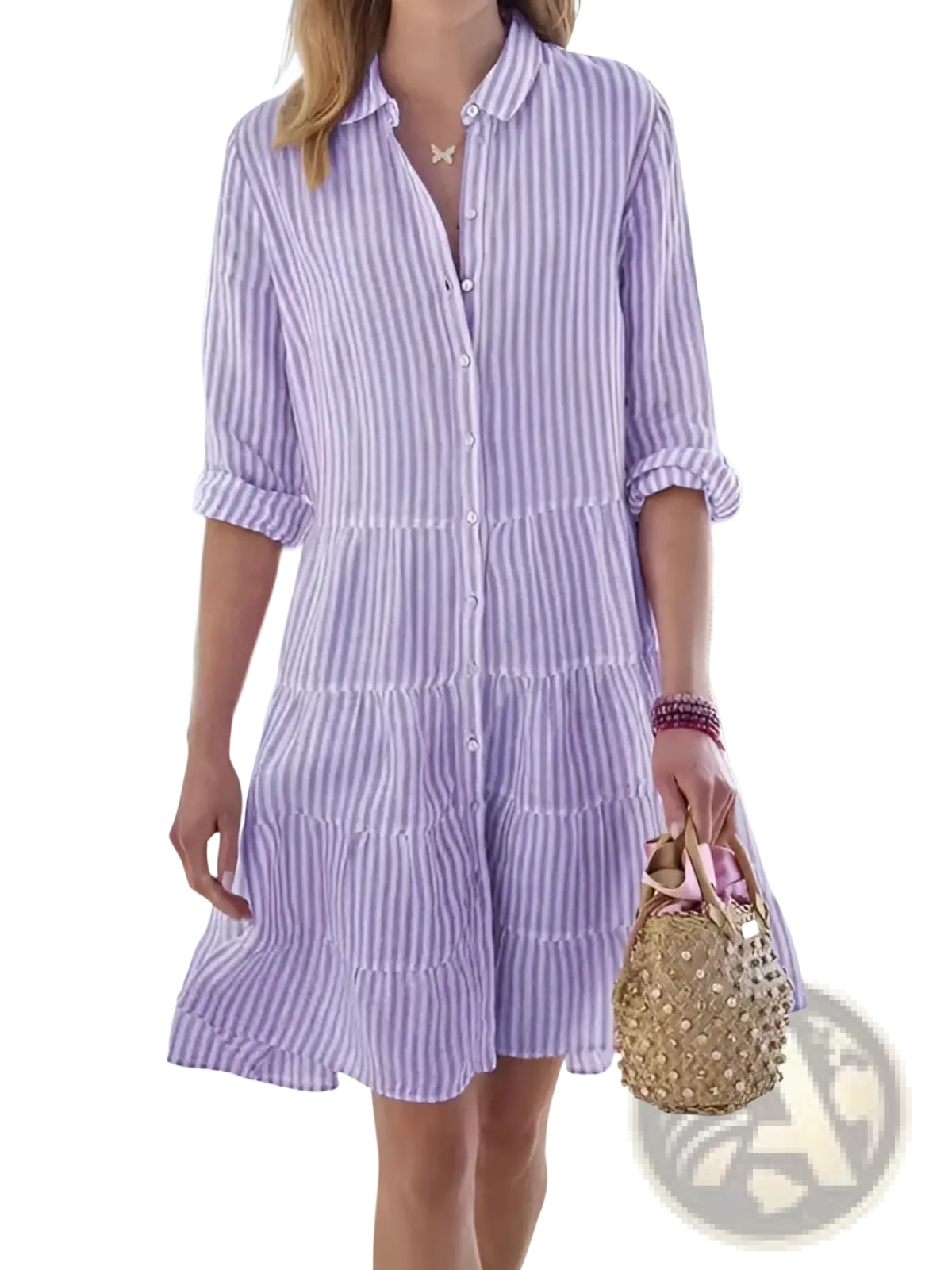 Striped tiered ruffle shirt dress with lapel collar in lavender and white vertical stripes with rolled-up sleeves