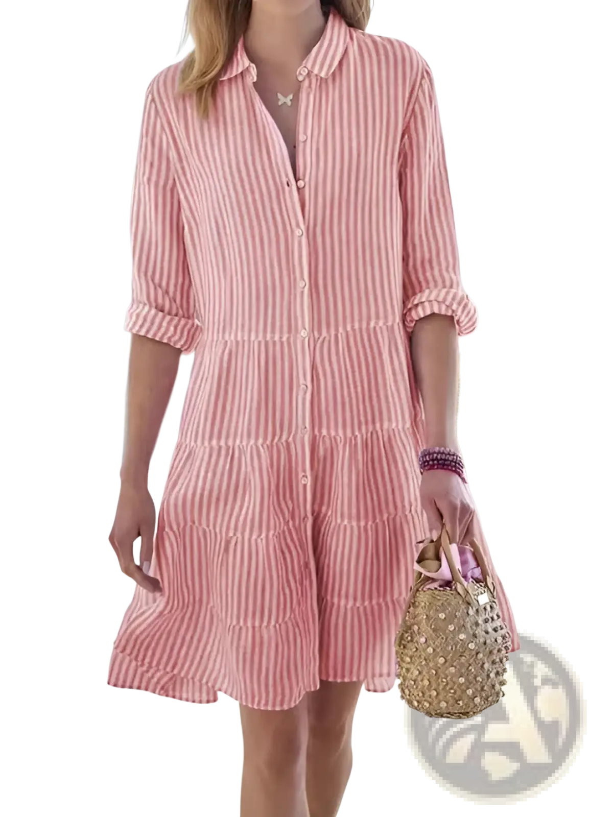 Striped tiered ruffle shirt dress with lapel collar in pink and white vertical stripes and rolled-up sleeves