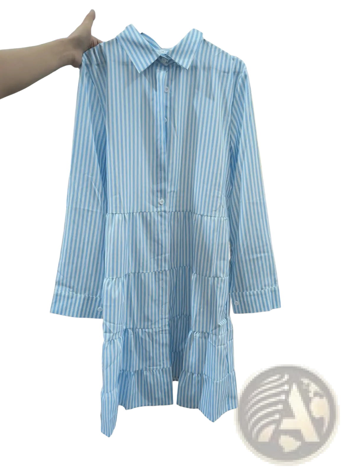 Striped tiered ruffle shirt dress with lapel collar in light blue and white vertical stripes with elastic cuffs
