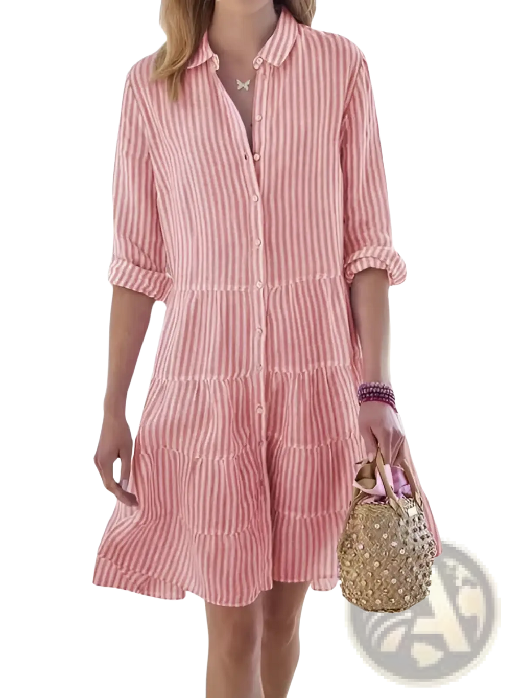 Pink and white striped tiered ruffle shirt dress with lapel collar and rolled-up sleeves in lightweight fabric