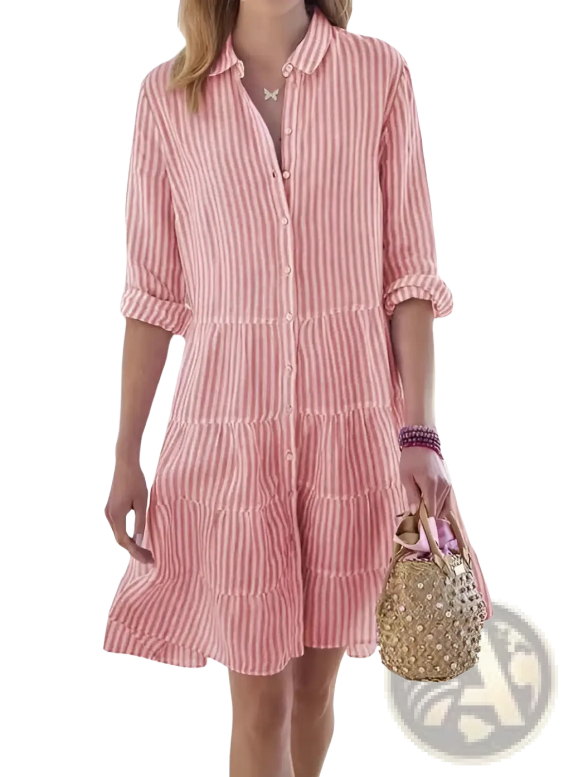 Pink and white striped tiered ruffle shirt dress with lapel collar and rolled-up sleeves in lightweight fabric