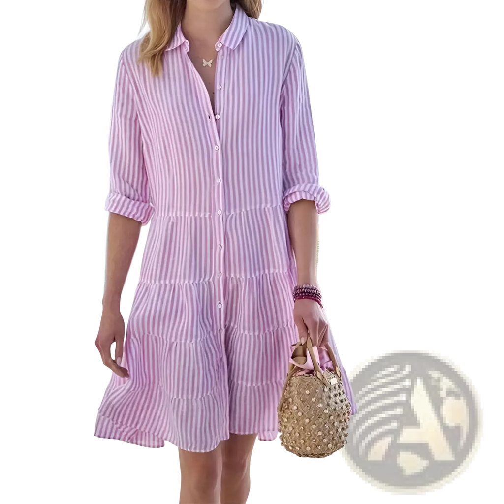 Striped tiered ruffle shirt dress with lapel collar in pink and white vertical stripes and rolled-up three-quarter sleeves