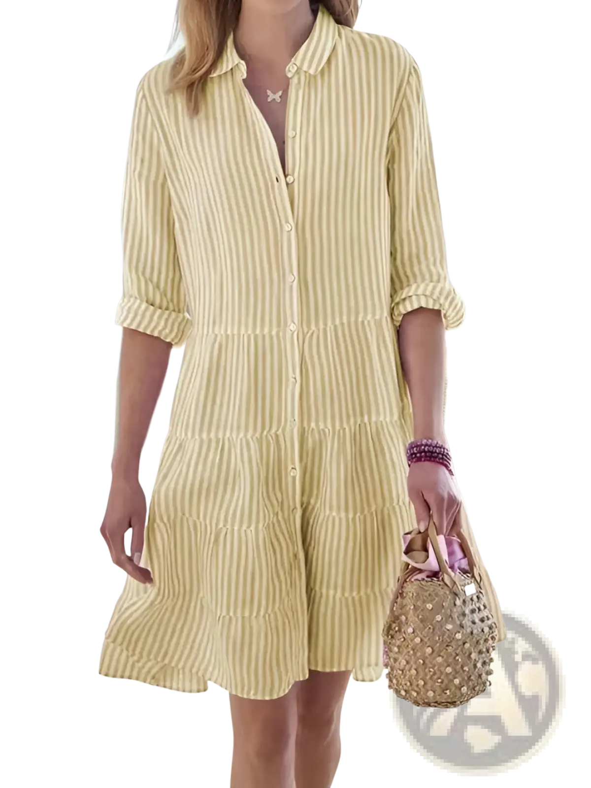 Striped tiered ruffle shirt dress with lapel collar in light yellow and white stripes with rolled-up sleeves