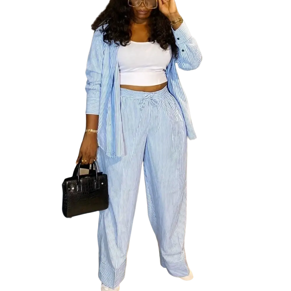 Blue and white vertically striped wide-leg pants with drawstring waistband and button closure type matching set