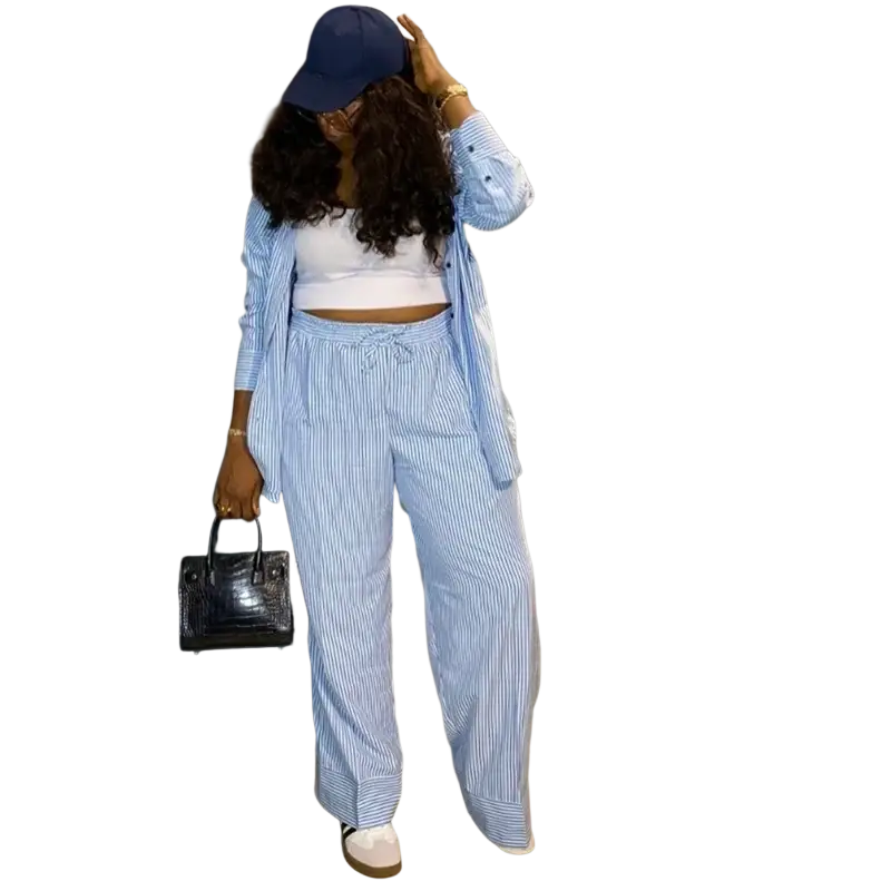 Blue and white vertically striped button-up shirt with relaxed fit featuring button closure type from striped two piece set
