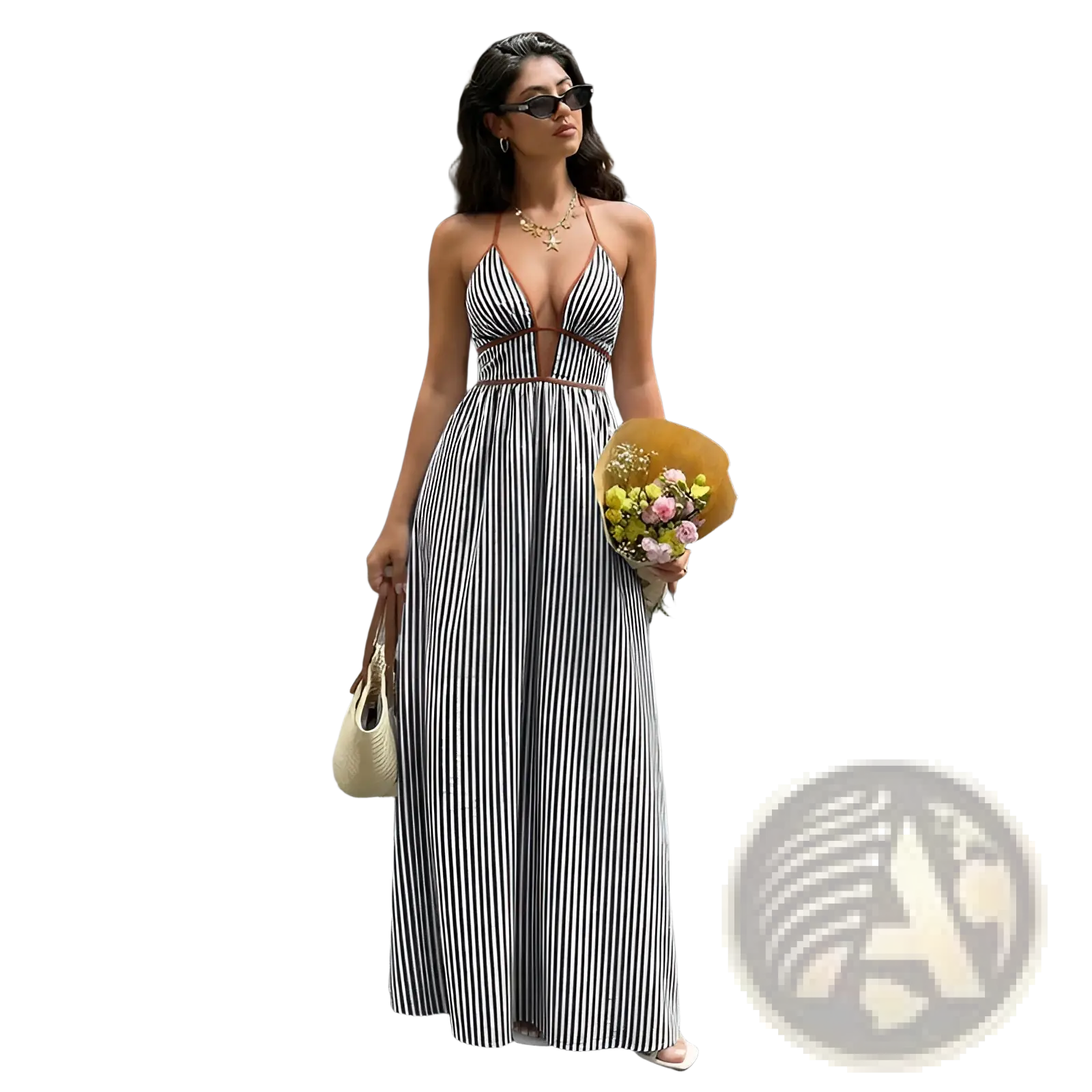 Black and white vertically striped maxi dress with halter neckline, deep front cutout, and fitted waistband for summer wear