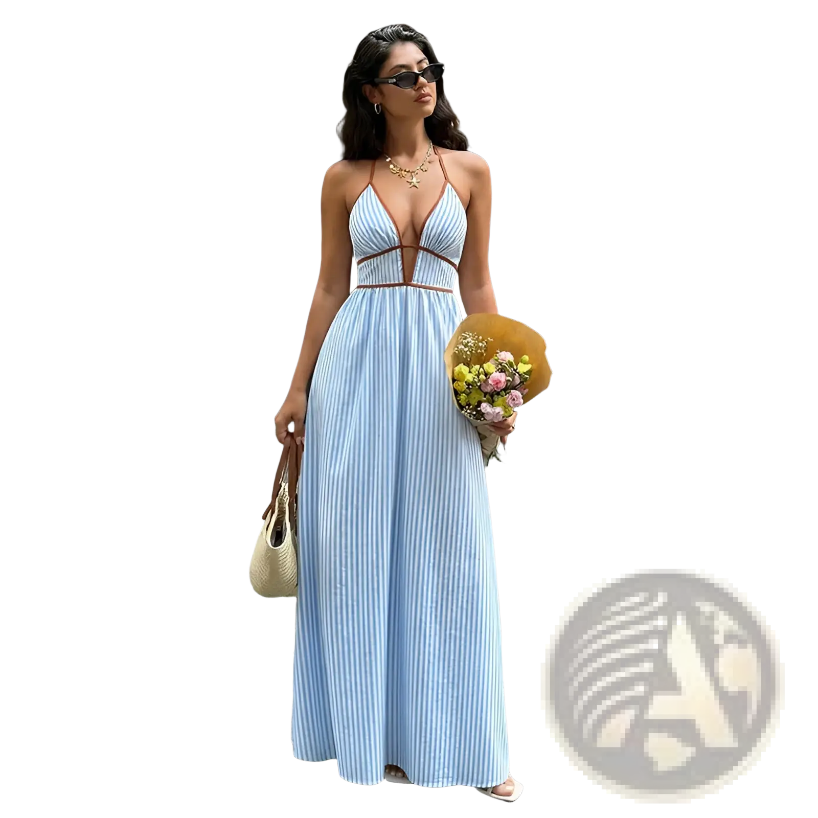 Striped v neck tie back summer maxi dress in light blue and white vertical stripes with brown waist belt accentuation