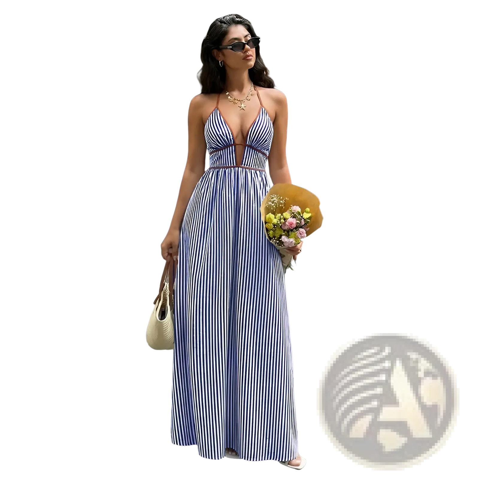 A woman wearing a blue and white striped v neck tie back summer maxi dress with flowing fabric