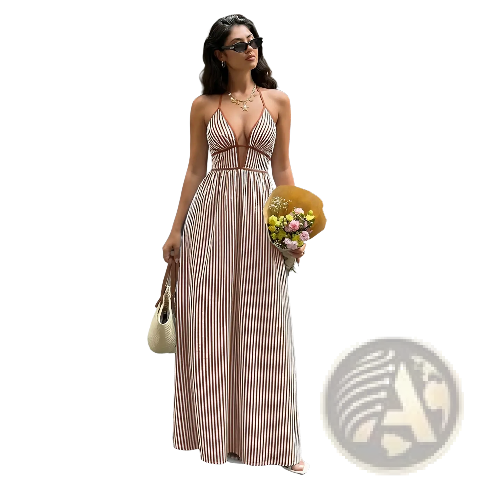 A flowing floor-length summer maxi dress with vertical soft pink and cream stripes and a v neck tie back design