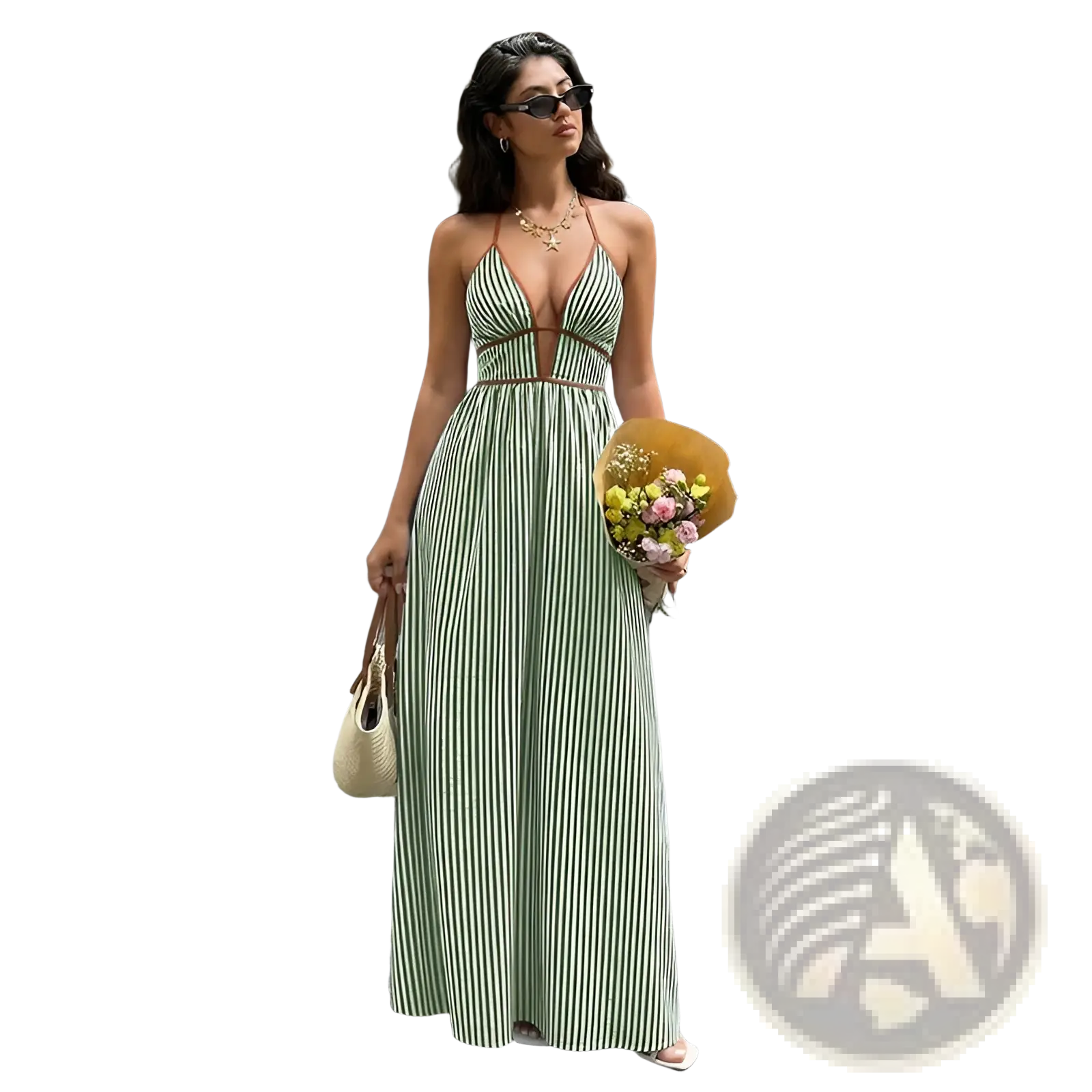 A woman wears a striped v neck tie back summer maxi dress with halter straps and a deep front cutout in green and white