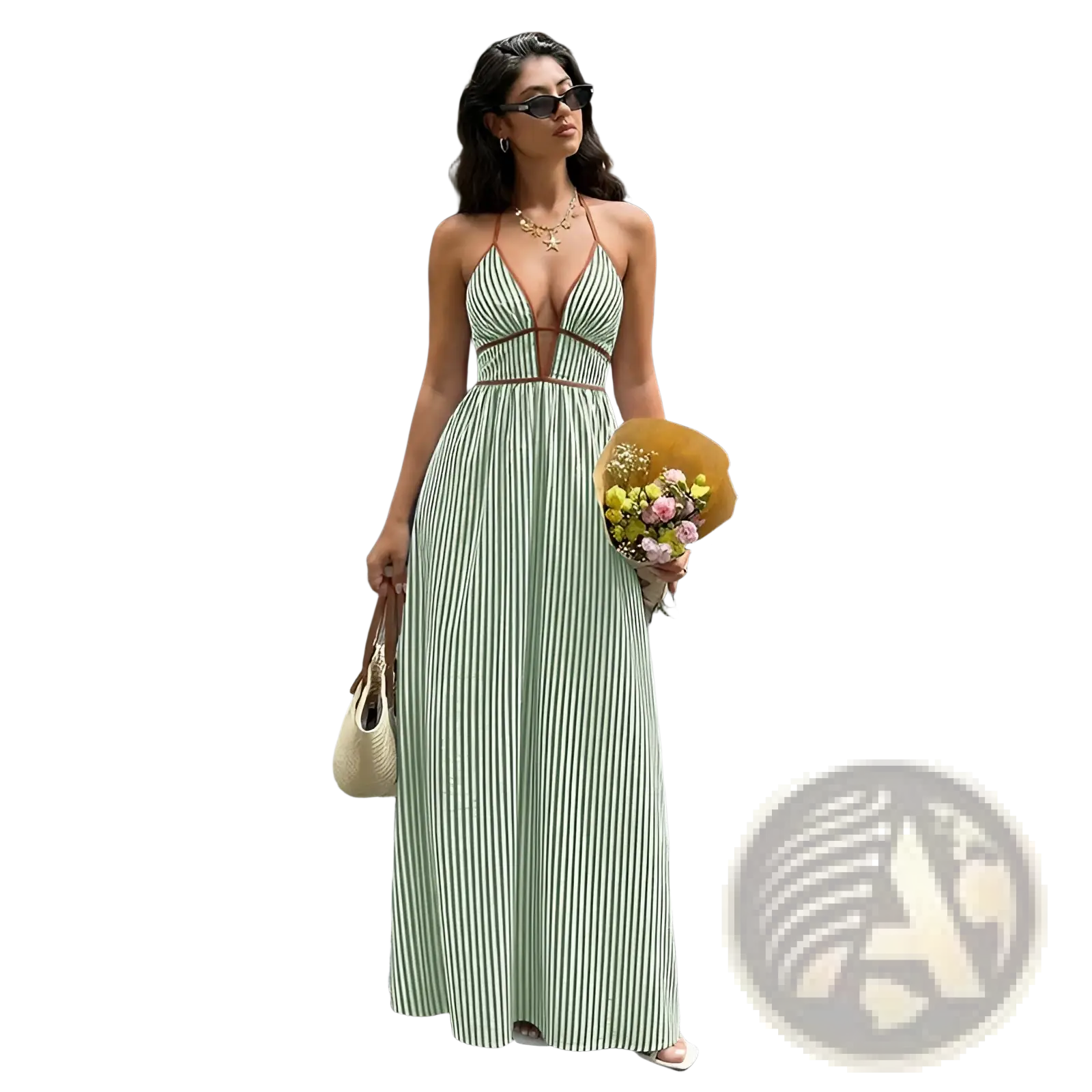 A flowing floor-length maxi dress with vertical light green and white stripes featuring a v neck and tie back
