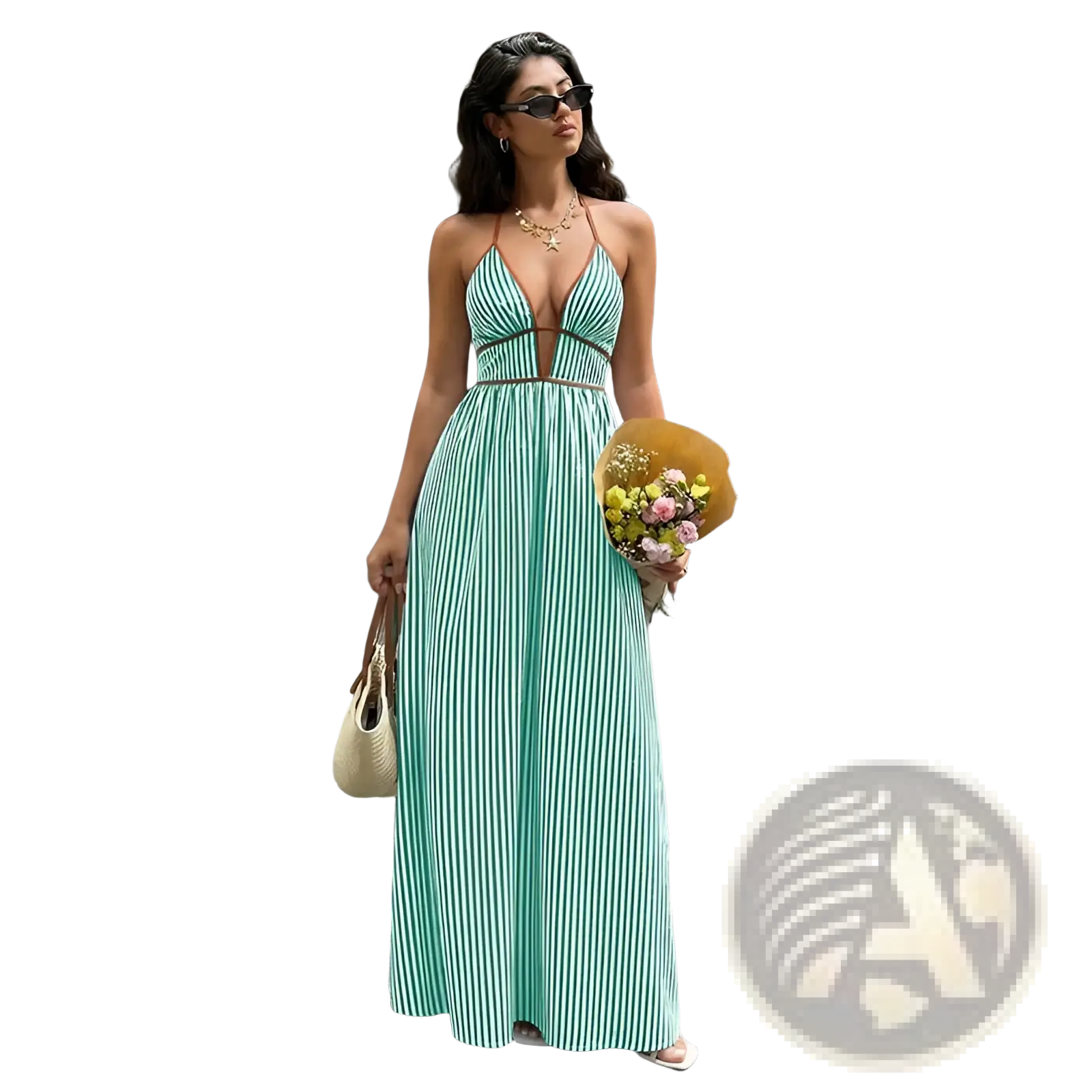 A woman wears a long flowing green and white striped v neck tie back summer maxi dress