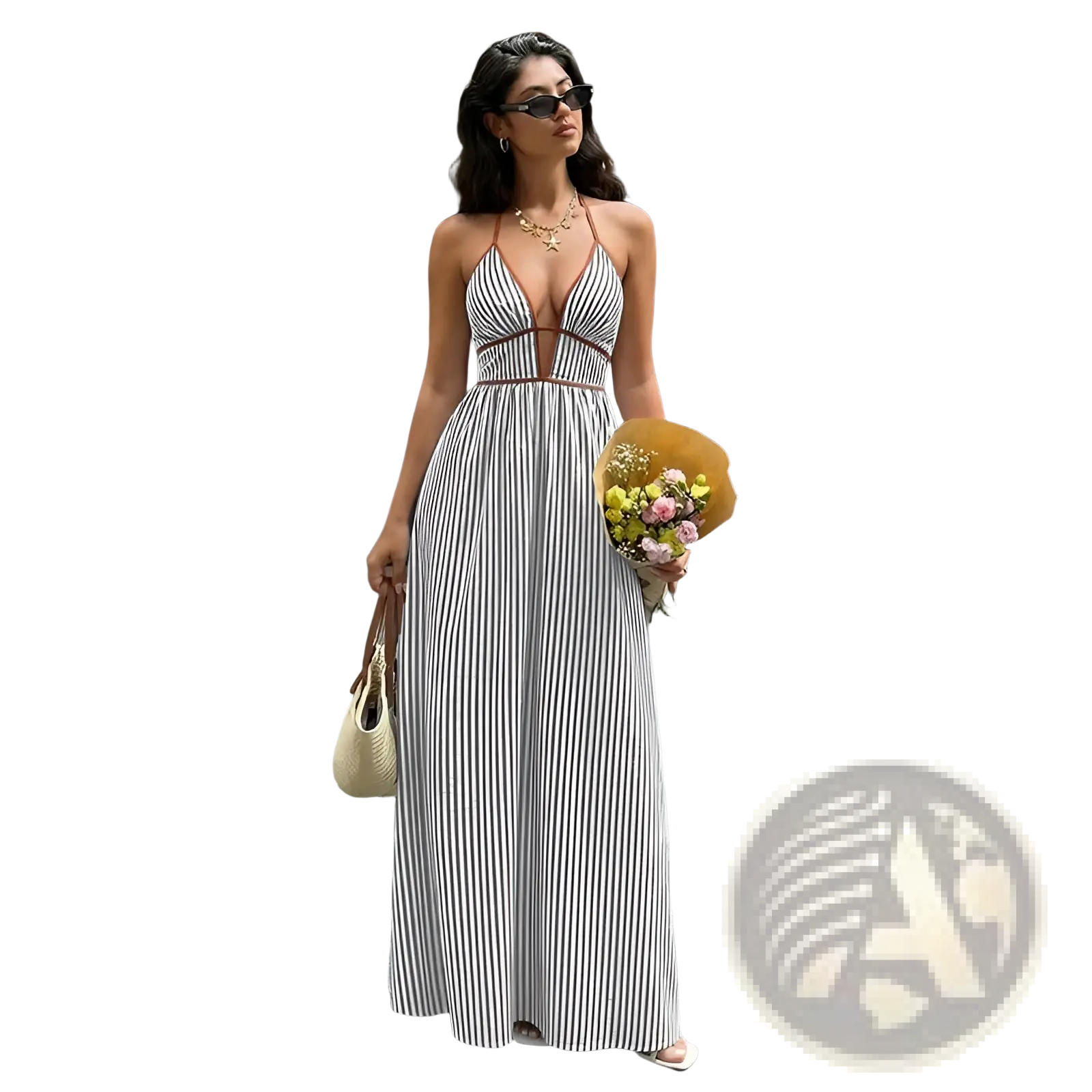 A woman wears a black and white striped v neck tie back summer maxi dress with halter straps and a deep front cutout