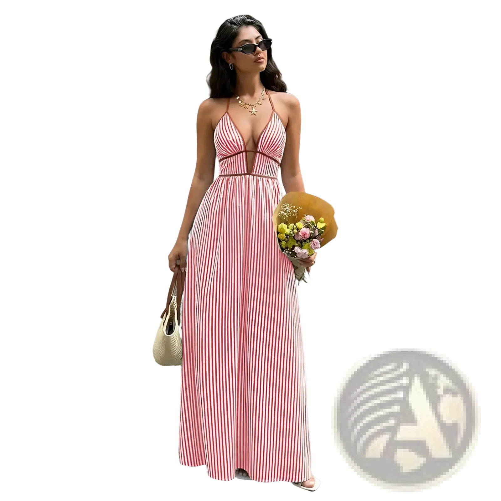 A flowing pink and white vertically striped maxi dress with halter neckline fitted waistband and pleated skirt