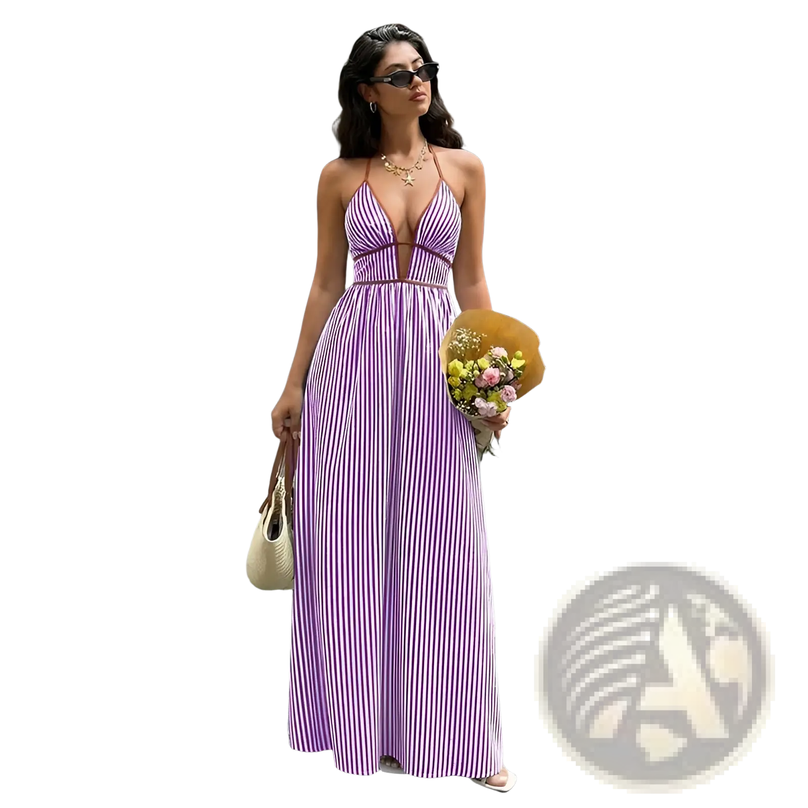 Striped v neck tie back summer maxi dress in lavender and white with halter neckline and fitted waistband