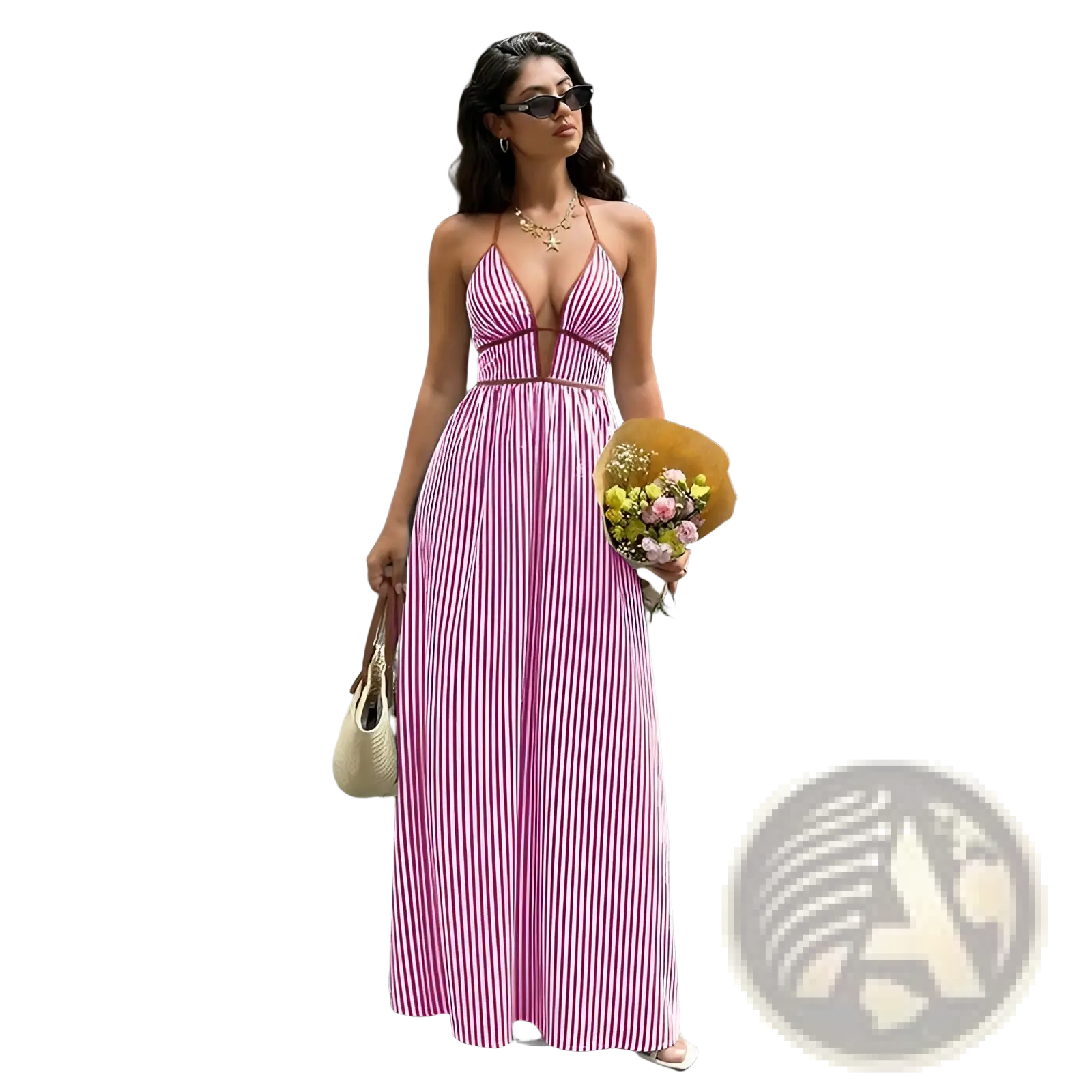 A flowing pink and white vertically striped halter neckline maxi dress with a deep v-cut front and fitted waistband
