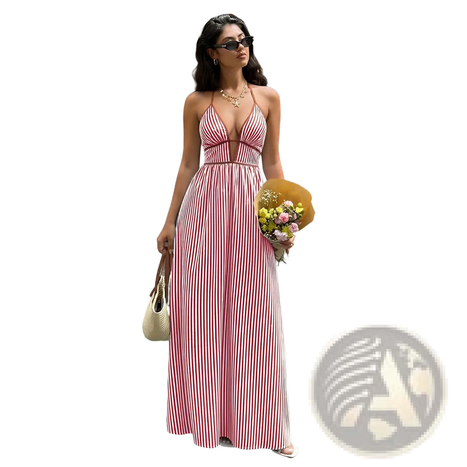 A flowing pink and white vertically striped summer maxi dress with a halter neckline, fitted waistband, and pleated skirt