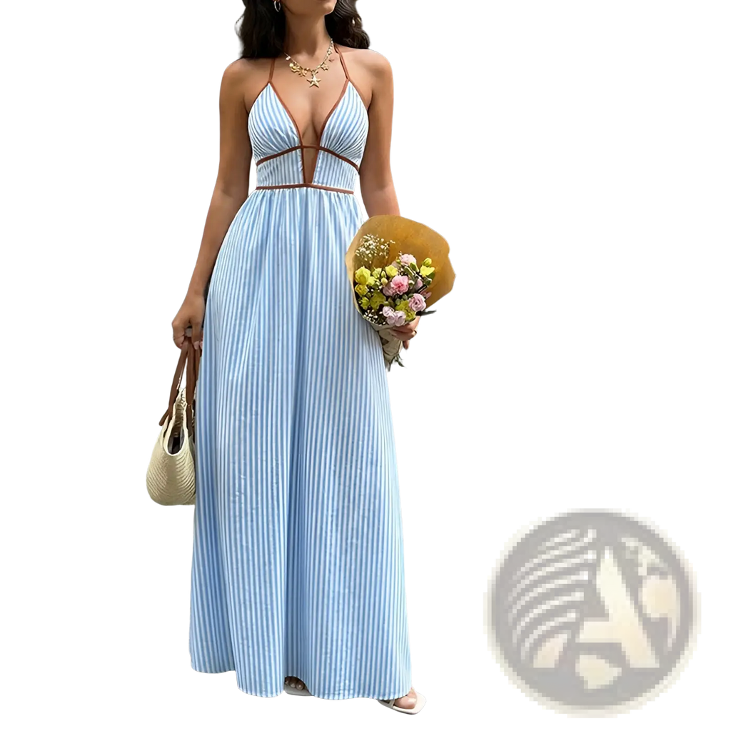 Light blue and white striped v neck tie back summer maxi dress with halter neck and brown trim details