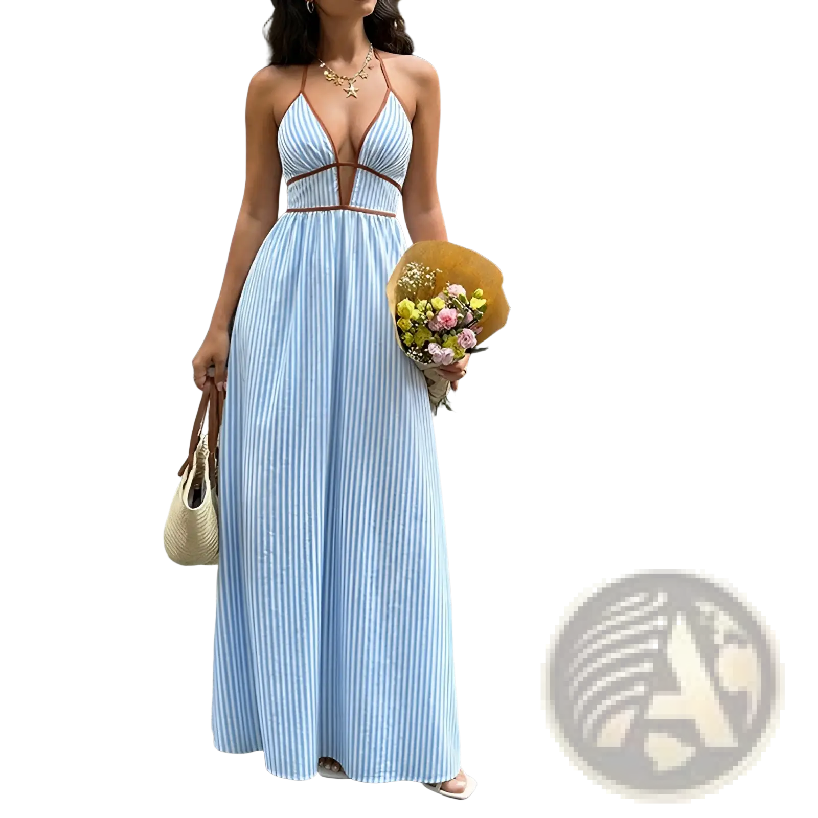 Light blue and white striped v neck tie back summer maxi dress with halter neck and brown trim details