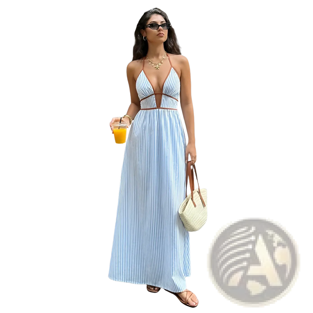 A light blue and white vertically striped summer maxi dress with a v neck tie back and brown waist belt