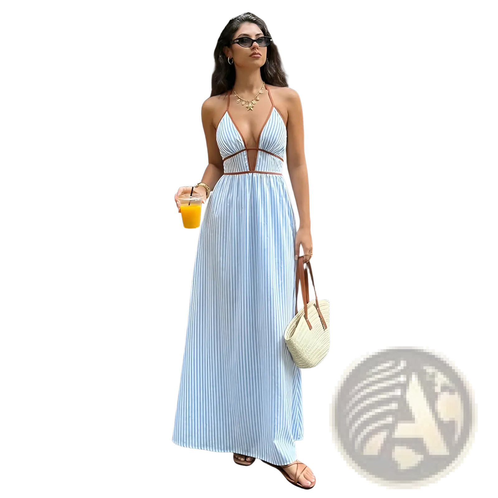 A light blue and white vertically striped summer maxi dress with a v neck tie back and brown waist belt