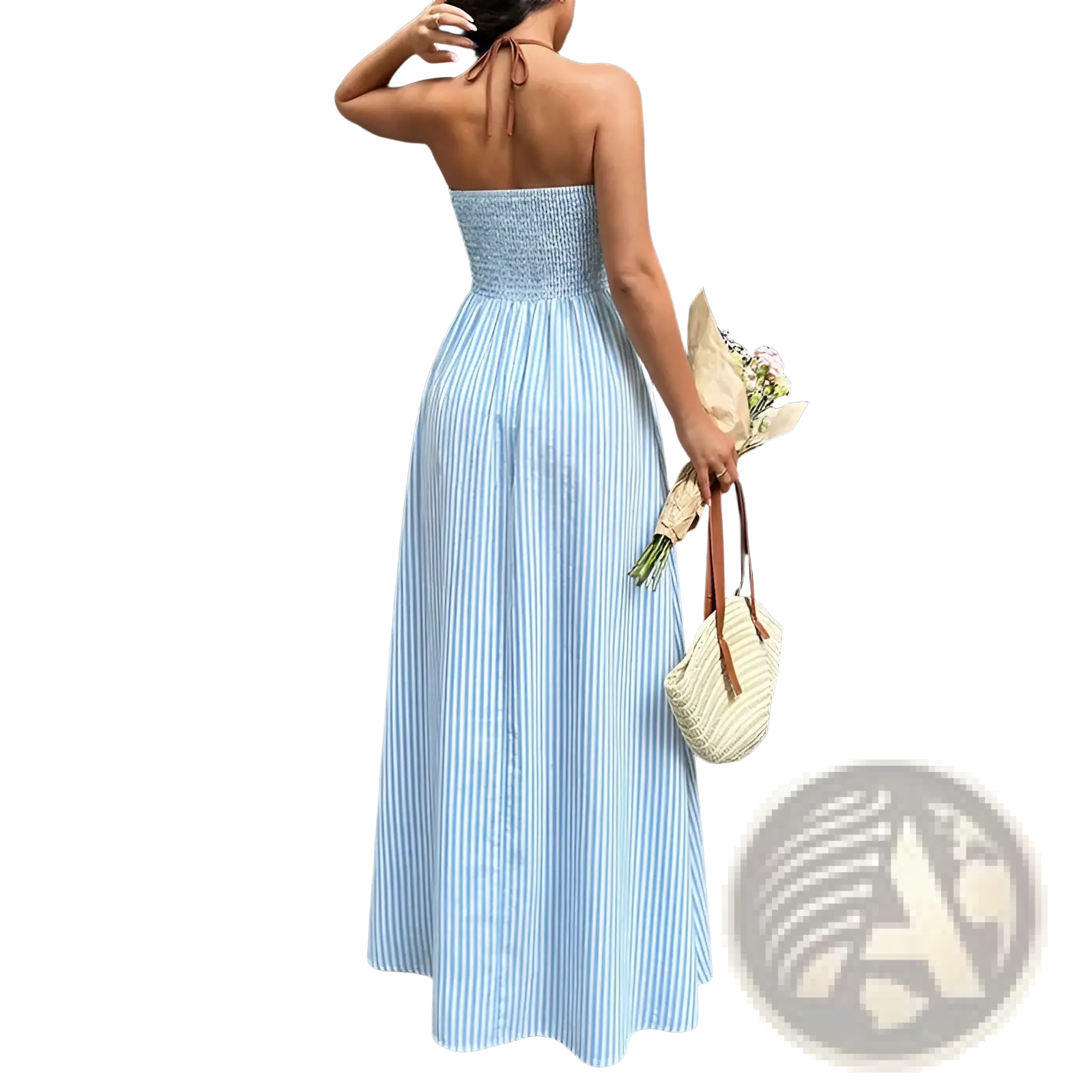A flowing light blue and white vertically striped summer maxi dress with a fitted bodice and tie back straps