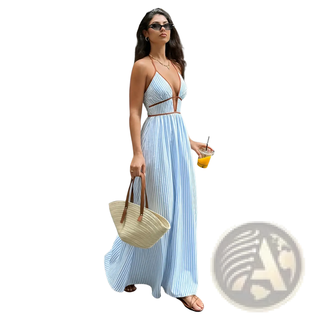 A light blue and white striped v neck summer maxi dress with thin brown straps and a cinched waist